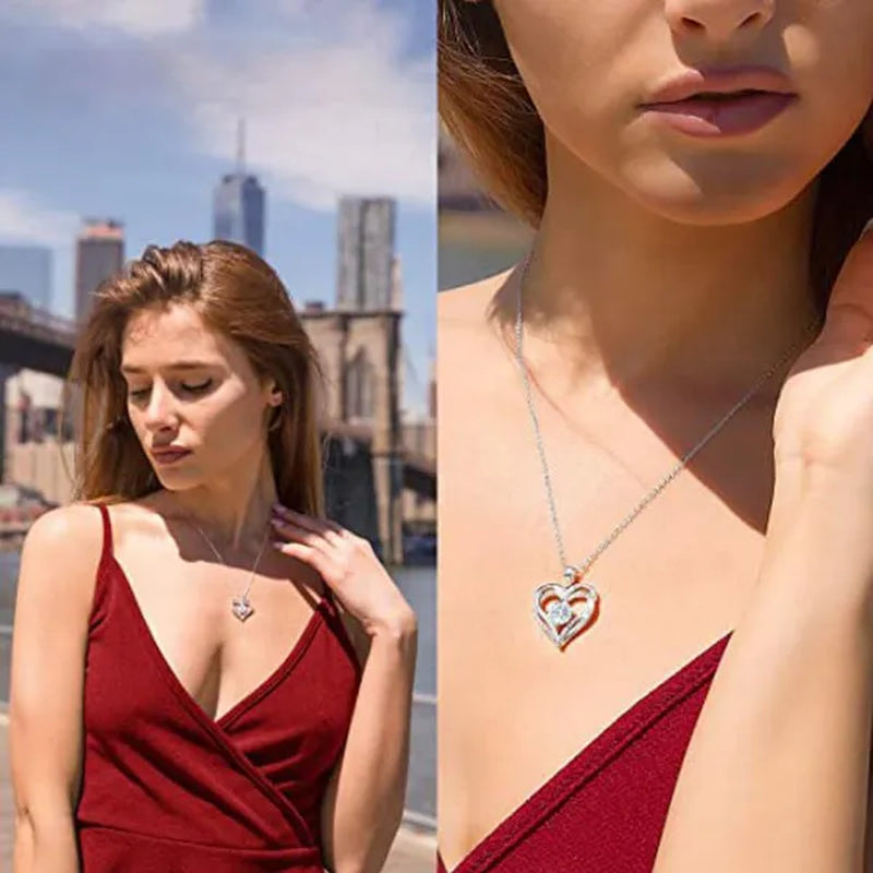 Exquisite Fashion Golded Plated Pave Setting Diamond Double Heart Pendant Necklace for Women Bridal Wedding Romantic Gift