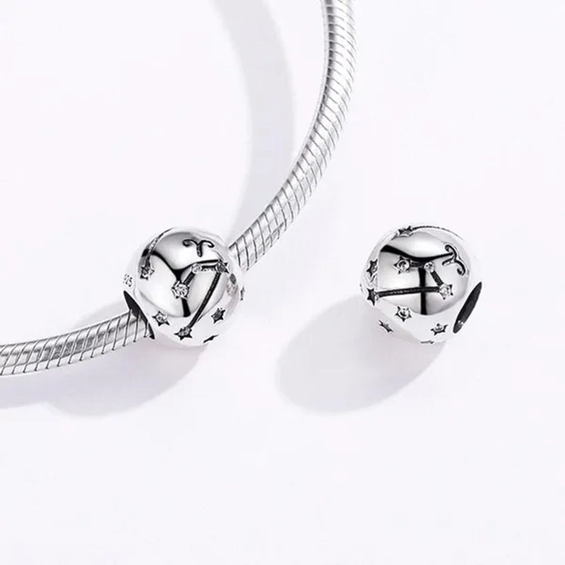 European Hot 12 Constellation Zodiac Round 925 Sterling Silver Beads Charm for Women Bracelet  Shining CZ Charm Fit Original Bangle Necklace DIY Jewelry Making