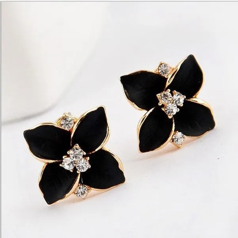 18K Gold Plated White Crystal Colorful Enamel Leaves Flower Omega Back Earrings Stud Earrings for Women Ladies Girls Jewelry
