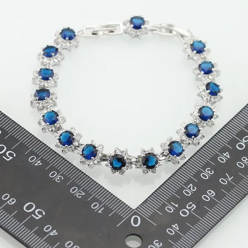 Blue White Topaz Silver Color Jewelry Sets for Women Engagement Necklace Pendant Bracelets Earrings Rings  Gift Box